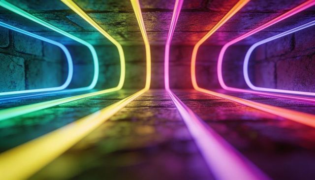 Glowing neon tunnel with rainbow led strips receding into vanishing point on reflective concrete