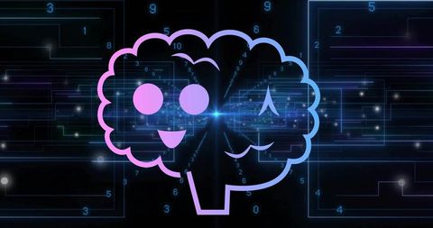Pulsing neon dual-face brain icon representing ai emotion, digital network and data flow