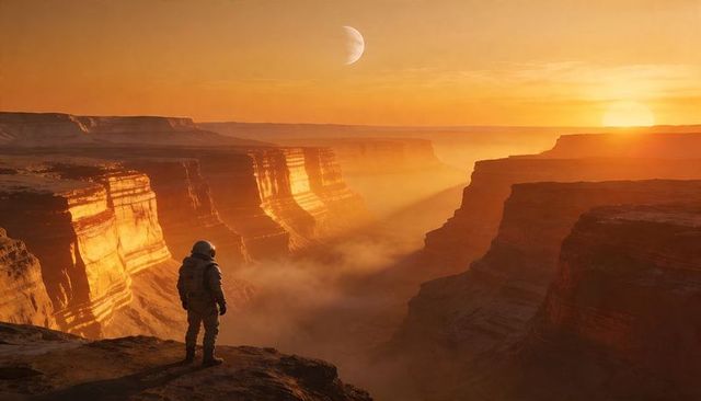 Astronaut standing on canyon rim overlooking alien plateau at golden sunset with moon