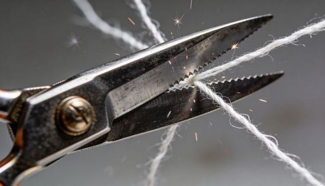 Serrated pliers cutting white yarn, sparks and fraying fibers closeup of metal blade