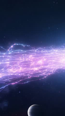 Vertical Video Pulsing Purple Energy Filaments Streaming Across Starfield and Planet