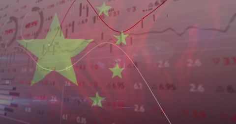 Chinese Flag Superimposed on Financial Data Representing Global Economy Trends