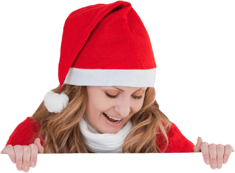 Transparent Festive Woman in Santa Hat Holding Blank Sign