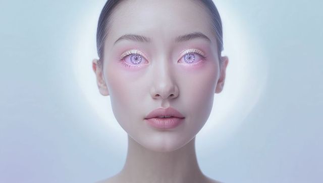 Ethereal Asian Portrait with Luminous Pink Eyes and Minimalist Pastel Halo Lighting