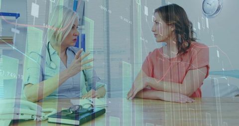 Doctor consulting patient with financial data overlay highlighting medical costs