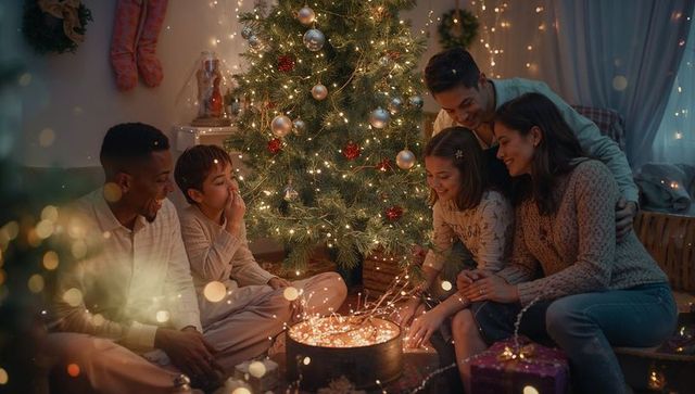 Family Celebrating Christmas Around Sparkling Basket Under Tree