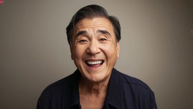 Smiling senior asian man in studio portrait