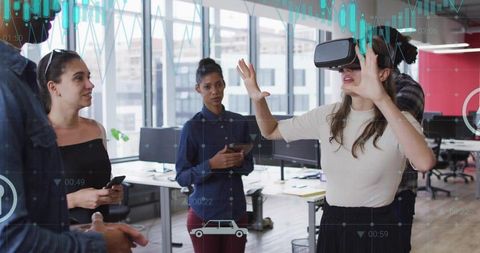Woman Engaged in VR Experience in Modern Office Environment