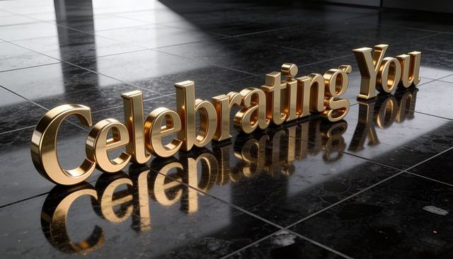 Golden 3d letters celebrating you reflecting on glossy black tiled floor