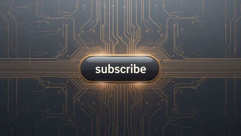 Glowing Subscribe Button on Futuristic Gold Circuit Board Interface