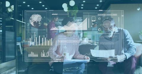 Collaborative team analyzing holographic business dashboard in modern open-plan workspace