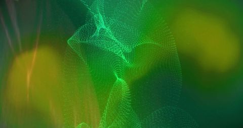 Emerald Particle Waveform Flowing Digital Mesh with Bokeh Glow and Luminous Dots