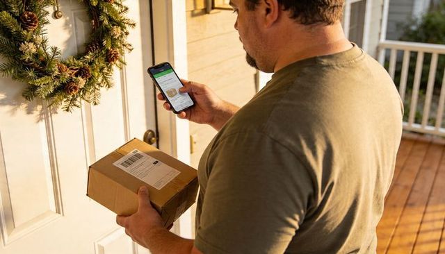 Man checking delivery tracking on smartphone while holding parcel at wreathed front door