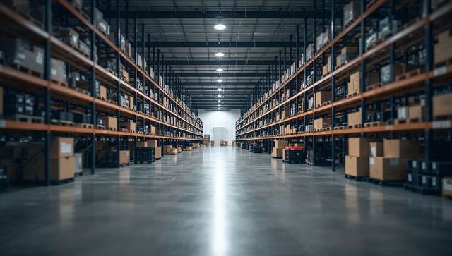 Spacious warehouse aisle with polished concrete floor and pallet rack symmetry