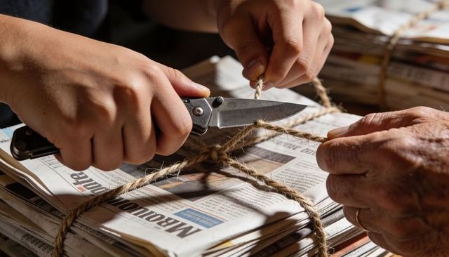 Cutting twine around newspaper bundle with pocket knife hands collaborating over table