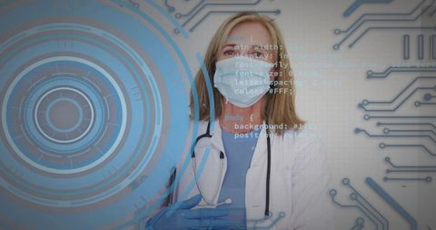 Female Clinician Wearing Mask and Stethoscope with Futuristic Digital Health HUD Interface