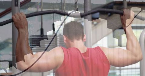 Muscular man pulling lat pulldown with data overlay showing fitness progress and strength gains