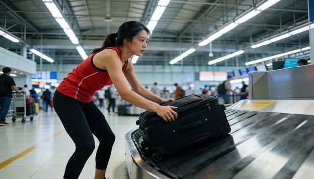 Athletic asian woman retrieving black suitcase from busy airport baggage carousel