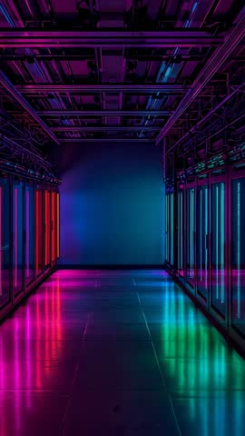 Vertical video capturing neon-lit data center corridor with glowing server racks and cable trays