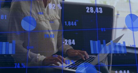 caucasian businesswoman using her laptop surrounded by digital data graphics in an office. great fit for projects about modern business practices, data science, financial analysis, and technological innovation. suitable for promotional materials, business websites, or technology articles.