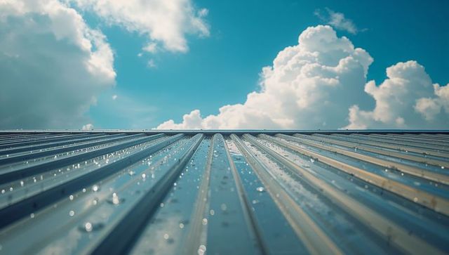 Glistening Wet Metal Roofing Panels with Water Droplets and Cloudy Sky