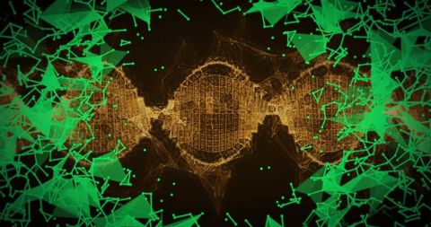 Abstract golden wireframe core with mirrored lattice and neon green polygon particle network