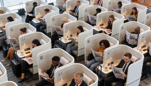 Business travelers reading newspapers in private airport lounge pods with luggage