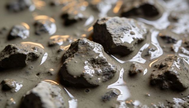 Wet gravel close-up showing reflective mud puddles on rough concrete and stone texture