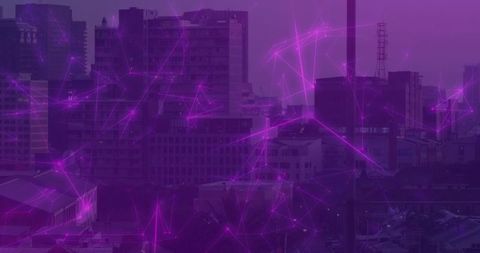 Futuristic Network Overlay on Urban Cityscape at Dusk