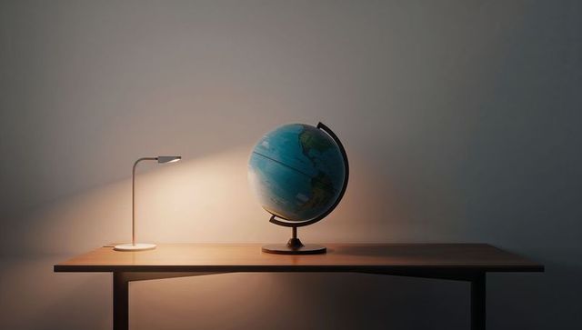 Warm desk lamp illuminating terrestrial globe on minimalist wooden table in study