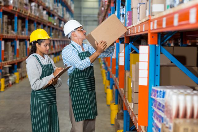 Warehouse workers checking inventory on shelves, wearing hard hats and aprons. Ideal for illustrating logistics, supply chain management, industrial work environments, and teamwork in storage facilities.