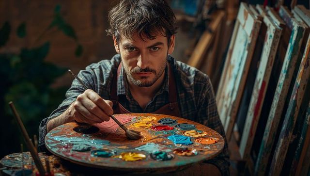 Focused artist mixing vivid colors with brush in creative studio