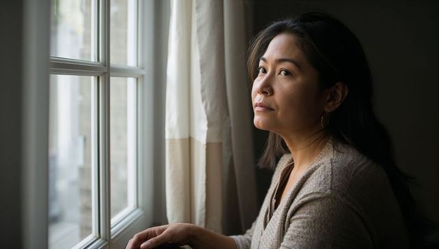 Contemplative woman gazing through window in soft natural light, neutral interior, cozy sweater