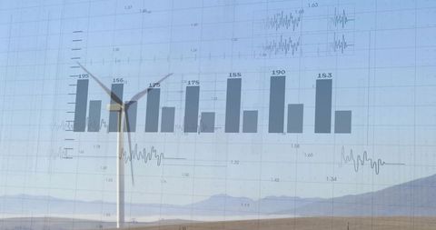 Wind turbine rising over data overlay, bar chart and waveform for renewable energy monitoring