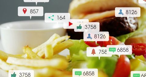 Social media engagement overlay on burger, fries and salad with floating notification icons