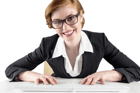 transparent redhead businesswoman typing on keyboard smiling at desk - Download Free Stock Videos Pikwizard.com