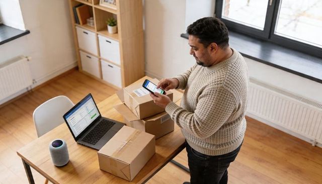 Home seller scanning labels with smartphone, organizing parcels and tracking orders