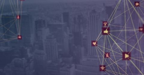 Smart City Digital Network Connections Over Urban Skyline