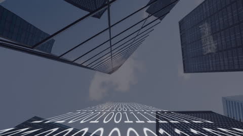 Digital Data Streams Over Urban Skyscrapers Concept
