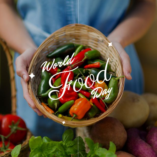 Celebrating World Food Day with a focus on fresh vegetables and organic produce. Image showcasing a person holding a basket filled with colorful peppers. Perfect for articles on healthy eating, organic farming, cooking blogs, nutrition tips, and food celebrations.