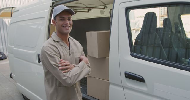 Delivery Worker Smiling Next to Van with Boxes - Download Free Stock Images Pikwizard.com