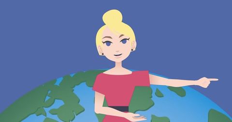 Cartoon Woman Presenting Globe with Blue Backdrop for Business Concept