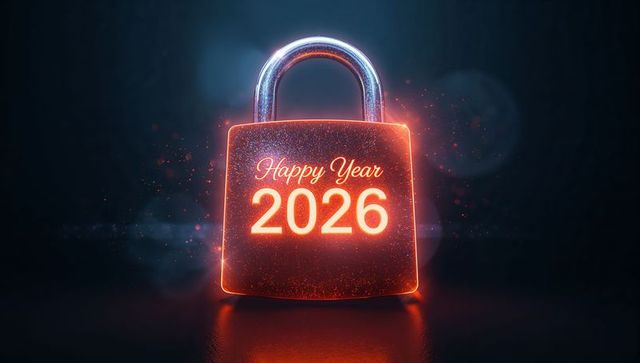 Glowing Neon Padlock Displaying Happy Year 2026 with Chrome Shackle and Reflective Base
