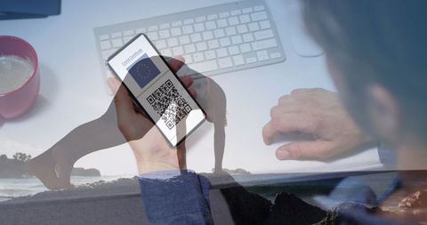 Smartphone holding digital covid passport with beach vacation overlay