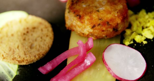 Gourmet Plate with Salmon Patty, Pickled Vegetables, and Toasted Bread - Download Free Stock Photos Pikwizard.com