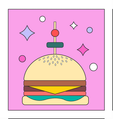Colorful cheeseburger design with skewer on transparent background