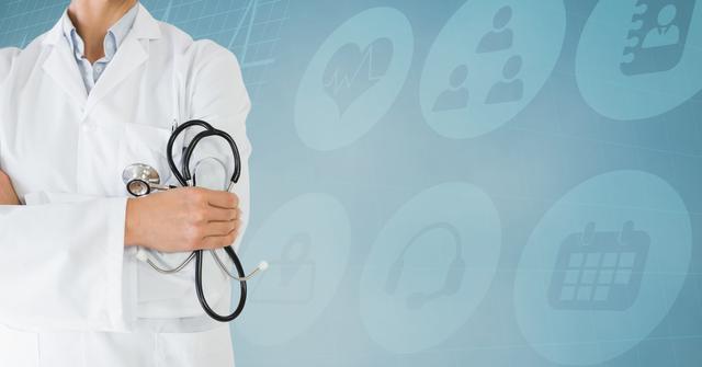 Doctor standing with arms crossed holding a stethoscope, with medical icons in the background. Ideal for use in healthcare-related articles, medical websites, hospital brochures, and health service promotions.