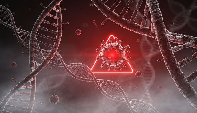 Glowing spiked virus among dna helices with neon red warning triangle flagging genetic risk