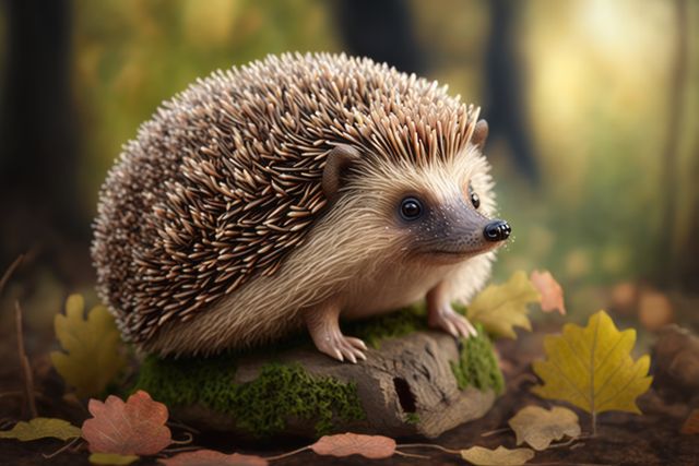 Adorable hedgehog standing on a moss-covered rock surrounded by colorful autumn leaves in a forest setting. Ideal for use in nature-themed blogs, autumn promotions, wildlife conservation campaigns, or educational materials about forest animals.
