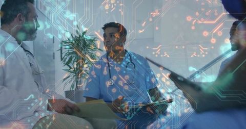 Medical Team Collaborating with Technology Overlays in Hospital Lounge